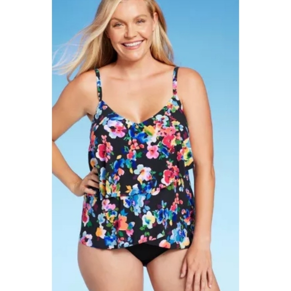 Aqua Green Vneck Angled Tiered Floral Tankini Top Size S